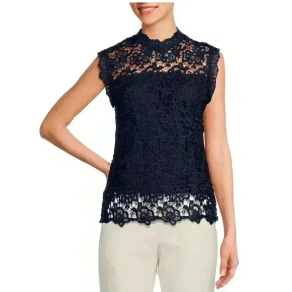 Nanette Lepore Tops - Nanette Lepore Women's Sleeveless SMALL Navy Blue Lace Top Embroidered Classic